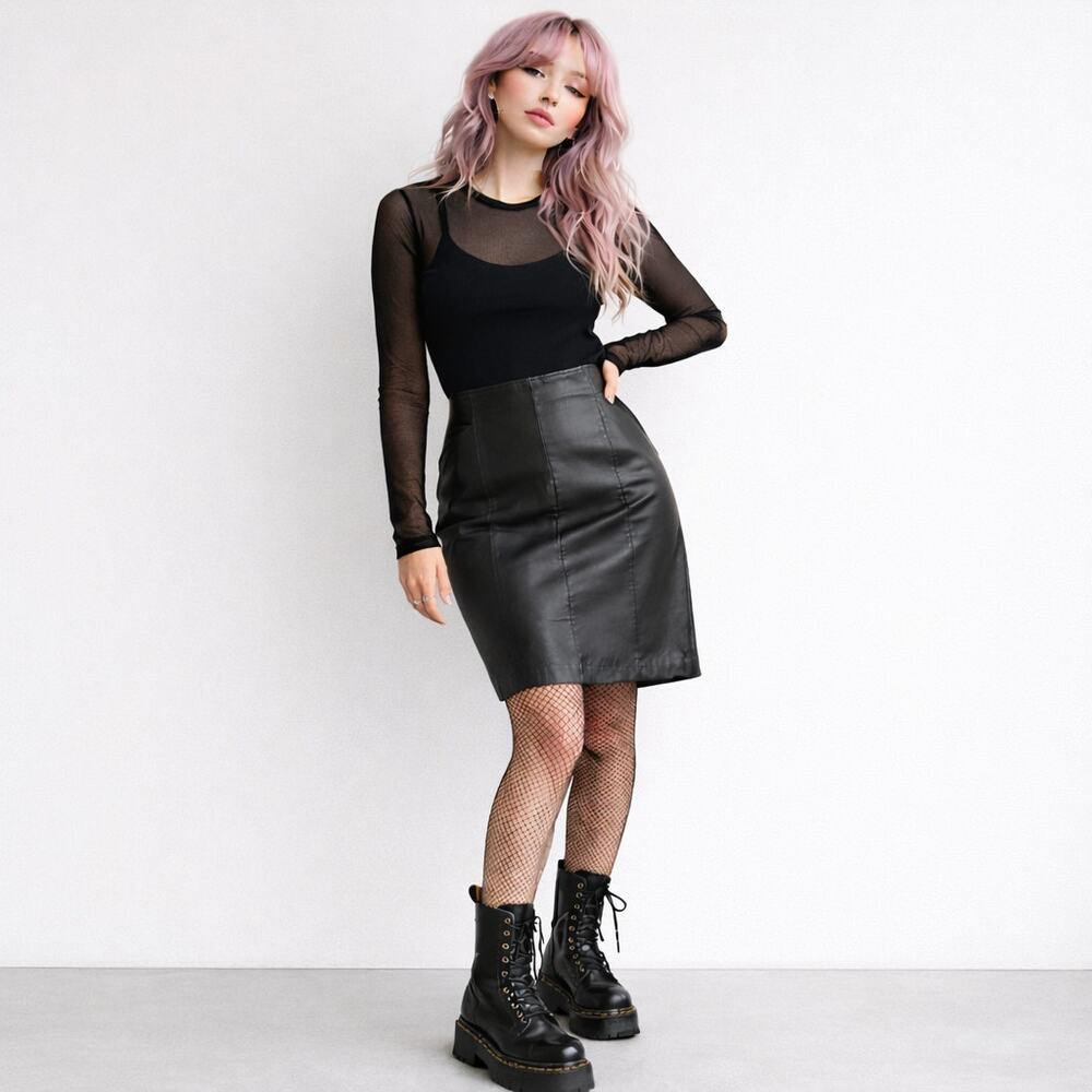 Vintage Wilsons Leather Pencil Skirt Midi Black Size 10 Y2K 90s Office Chic Goth